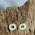 Boucles d’oreilles hexagone doré ajourné et anneau nacre blanche sur crochet acier inoxydable