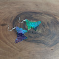 Boucles d’oreilles grand papillon ajourné holographique irisé bleu vert violet sur crochet acier inoxydable