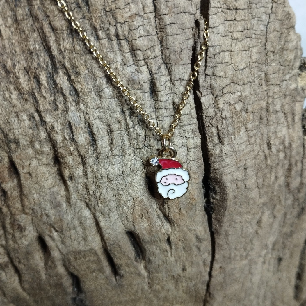 Collier Père Noël en émail rouge et blanc avec strass sur chaîne dorée