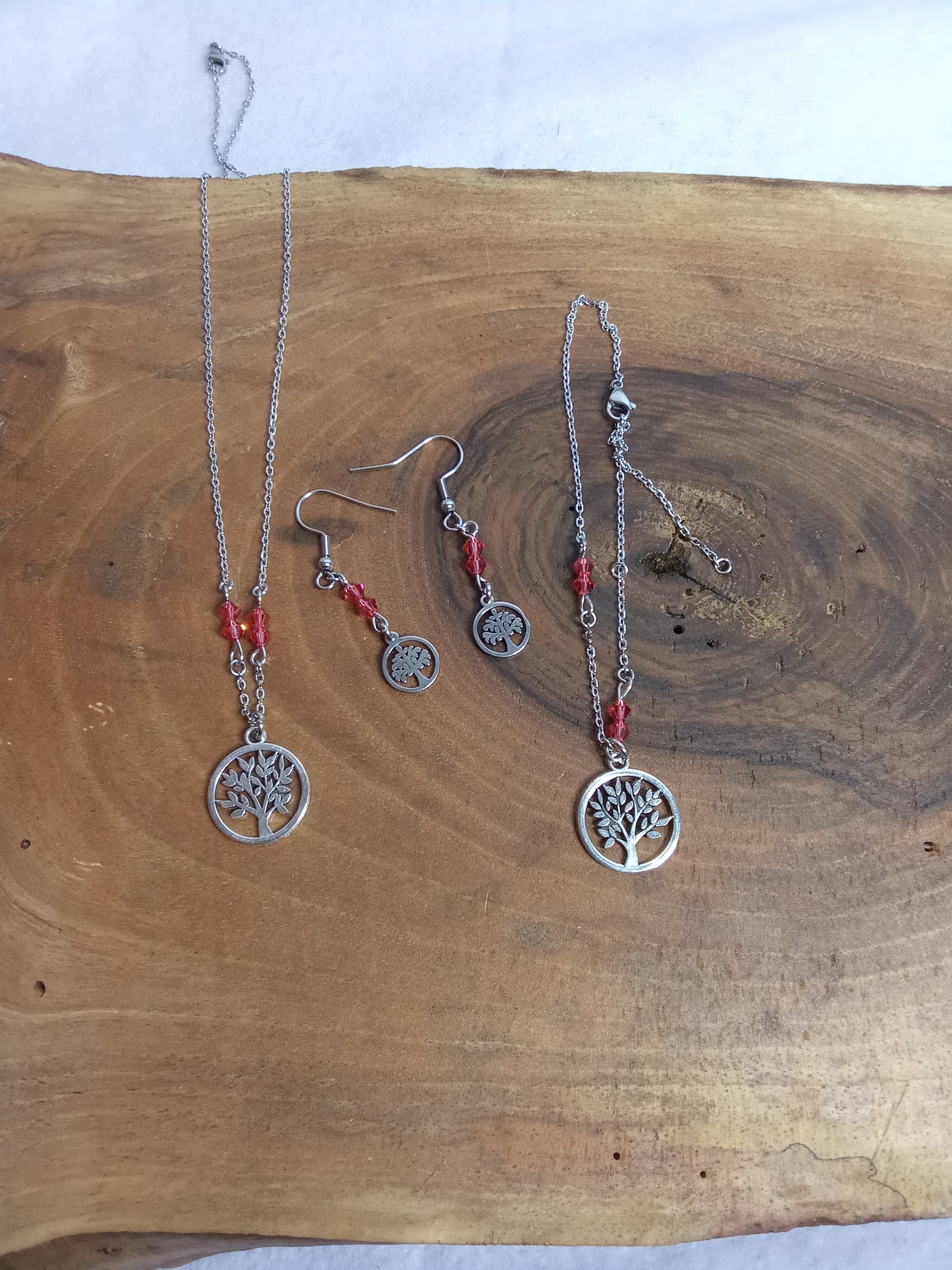 Parure Arbre de Vie avec collier, bracelet et boucles d’oreilles en argenté et perles roses