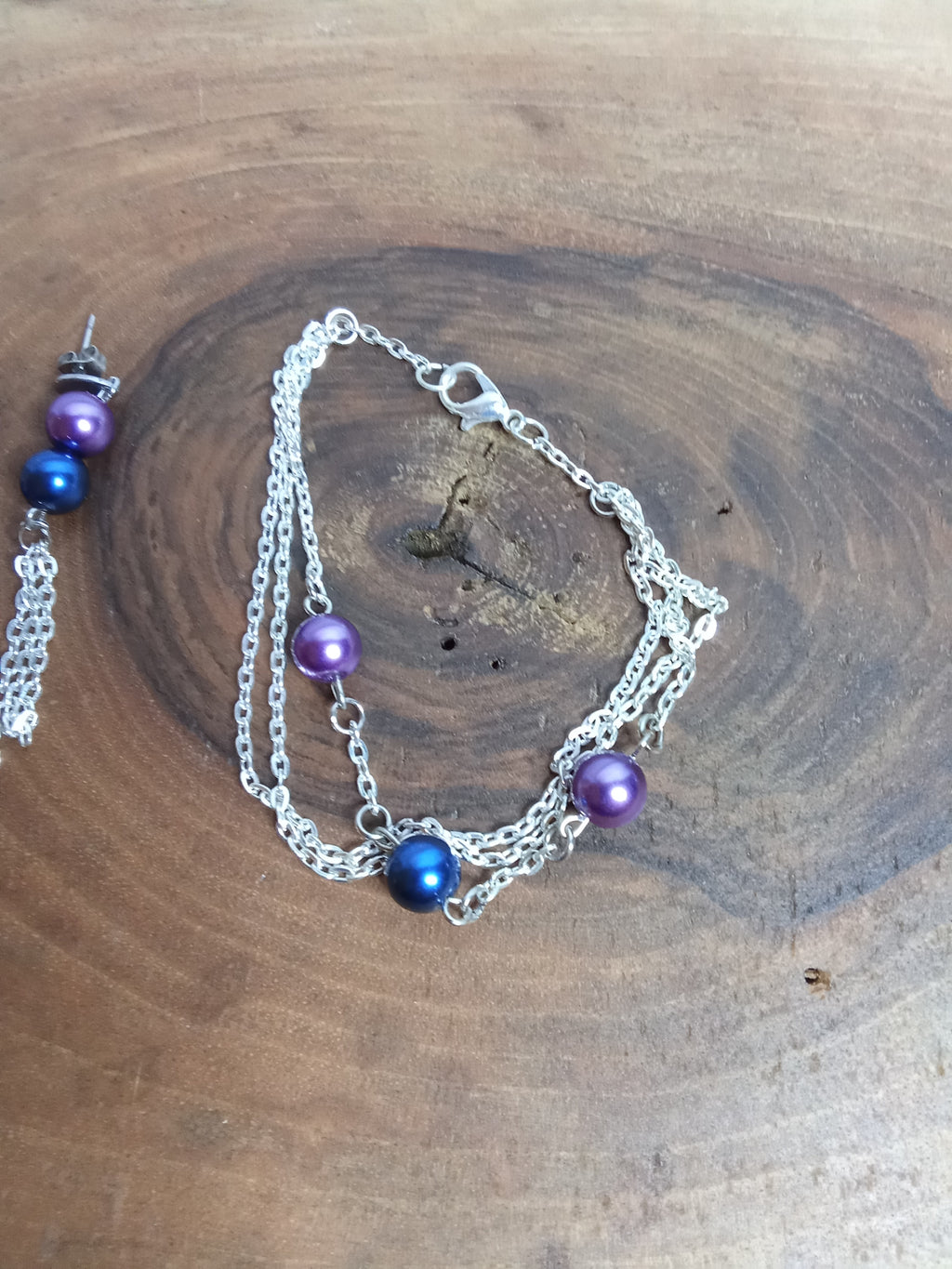 Bracelet double rang perles violet et bleu en acier inoxydable