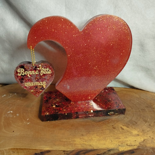 Cœur en résine époxy rouge pailletée avec pendentif Bonne fête maman