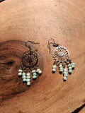 Boucles d'oreilles chandelier rosace argentée avec perles turquoise menthe