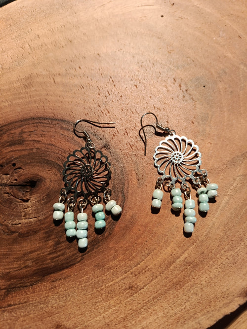Boucles d'oreilles chandelier rosace argentée avec perles turquoise menthe