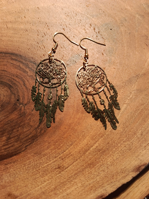 Boucles d'oreilles attrape-rêves lotus - coloris doré patiné