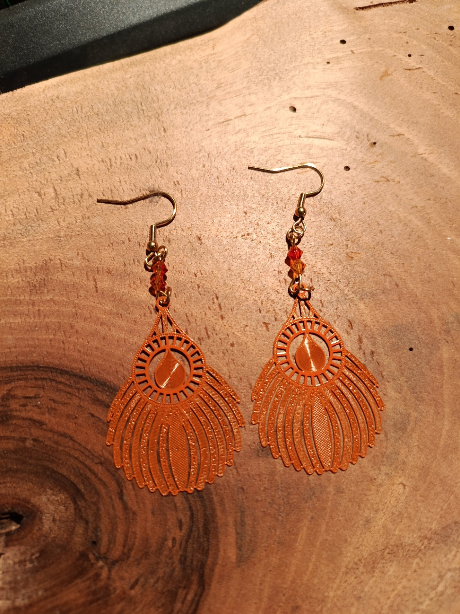 Boucles d'oreilles plume paon - coloris orange avec perles cristal