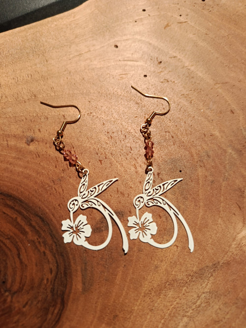 Boucles d'oreilles colibri hibiscus - blanc doré avec cristal ambre