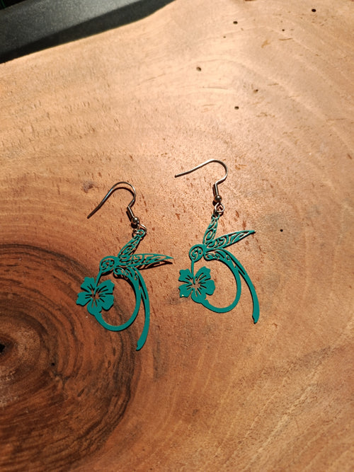 Boucles d'oreilles colibri hibiscus - turquoise uni
