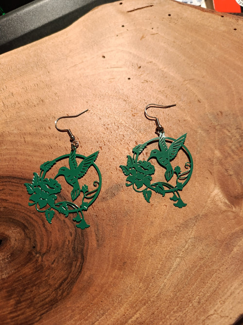 Boucles d'oreilles rondes colibri et fleurs - coloris vert émeraude